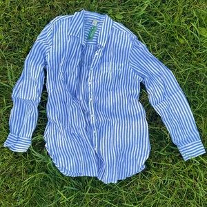 Long Sleeve Linen Blue Striped Button Down Tunic
